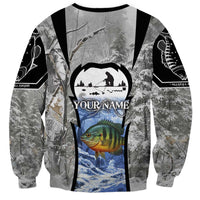 Custom Bluegill Ice Fishing Winter Camo Sweatshirt with Snowy Forest Background Colorful Fish - Wonder Print Shop