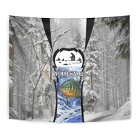 Custom Bluegill Ice Fishing Winter Camo Tapestry with Snowy Forest Background Colorful Fish - Wonder Print Shop