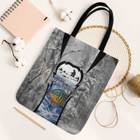 Custom Bluegill Ice Fishing Winter Camo Tote Bag with Snowy Forest Background Colorful Fish - Wonder Print Shop