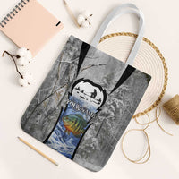 Custom Bluegill Ice Fishing Winter Camo Tote Bag with Snowy Forest Background Colorful Fish - Wonder Print Shop