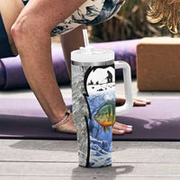 Custom Bluegill Ice Fishing Winter Camo Tumbler With Handle with Snowy Forest Background Colorful Fish - Wonder Print Shop