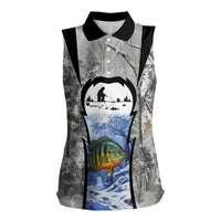 Custom Bluegill Ice Fishing Winter Camo Women Sleeveless Polo Shirt with Snowy Forest Background Colorful Fish - Wonder Print Shop