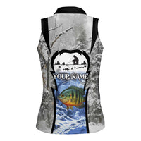 Custom Bluegill Ice Fishing Winter Camo Women Sleeveless Polo Shirt with Snowy Forest Background Colorful Fish - Wonder Print Shop