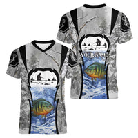 Custom Bluegill Ice Fishing Winter Camo Women V-Neck T-Shirt with Snowy Forest Background Colorful Fish - Wonder Print Shop