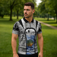 Custom Bluegill Ice Fishing Winter Camo Zipper Polo Shirt with Snowy Forest Background Colorful Fish - Wonder Print Shop