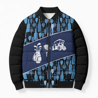 Custom Blue Wine Camo Pattern Golf Bomber Puffer Jacket with Blue Golf Club Pattern Cart and Ball Graphic - Wonder Print Shop