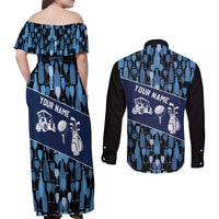 Custom Blue Wine Camo Pattern Golf Couples Matching Off Shoulder Maxi Dress and Long Sleeve Button Shirt with Blue Golf Club Pattern Cart and Ball Graphic - Wonder Print Shop