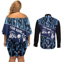 Custom Blue Wine Camo Pattern Golf Couples Matching Off Shoulder Short Dress and Long Sleeve Button Shirt with Blue Golf Club Pattern Cart and Ball Graphic - Wonder Print Shop