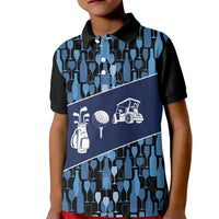 Custom Blue Wine Camo Pattern Golf Kid Polo Shirt with Blue Golf Club Pattern Cart and Ball Graphic - Wonder Print Shop