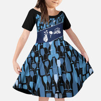 Custom Blue Wine Camo Pattern Golf Kid Short Sleeve Dress with Blue Golf Club Pattern Cart and Ball Graphic - Wonder Print Shop