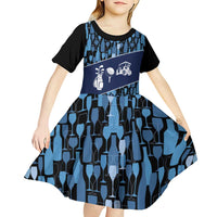 Custom Blue Wine Camo Pattern Golf Kid Short Sleeve Dress with Blue Golf Club Pattern Cart and Ball Graphic - Wonder Print Shop