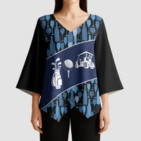 Custom Blue Wine Camo Pattern Golf Kimono Sleeve Blouse with Blue Golf Club Pattern Cart and Ball Graphic - Wonder Print Shop
