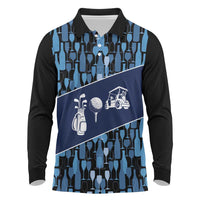 Custom Blue Wine Camo Pattern Golf Long Sleeve Polo Shirt with Blue Golf Club Pattern Cart and Ball Graphic - Wonder Print Shop