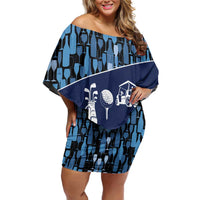 Custom Blue Wine Camo Pattern Golf Off Shoulder Short Dress with Blue Golf Club Pattern Cart and Ball Graphic - Wonder Print Shop