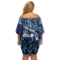 Custom Blue Wine Camo Pattern Golf Off Shoulder Short Dress with Blue Golf Club Pattern Cart and Ball Graphic - Wonder Print Shop