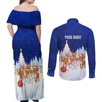 Funny Christmas Reindeer Bowling Custom Couples Matching Off Shoulder Maxi Dress and Long Sleeve Button Shirt with Reindeer Snow Scene - Wonder Print Shop