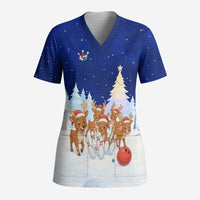 Funny Christmas Reindeer Bowling Custom Scrub Top with Reindeer Snow Scene - Wonder Print Shop
