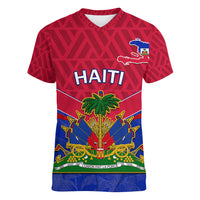 Haiti Women V Neck T Shirt Ayiti Coat Of Arms With Map TS06 - Wonder Print Shop