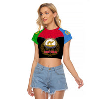 Cropped raglan t-shirt with Eritrea crest and map graphic on black front, red/blue sleeves