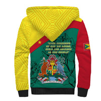 Unisex sherpa-lined hoodie coat with yellow hood and large back coat-of-arms graphic