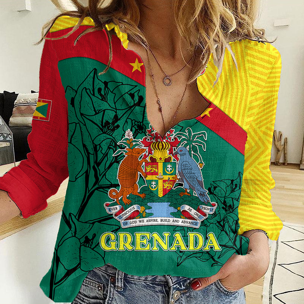 grenada-women-casual-shirt-coat-of-arms-with-bougainvillea-flowers