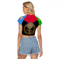 Cropped raglan t-shirt with colorful Eritrea map and cross graphic, dark back panel