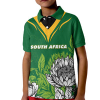 Kids green polo shirt with South Africa text and floral king protea front print