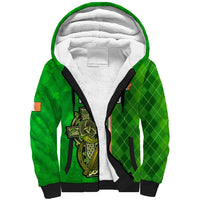 Green sherpa hoodie with cross shamrock graphic, black trim and white sherpa hood lining