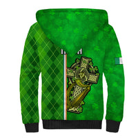 Green sherpa hoodie, back view with shamrock cross emblem and argyle clover pattern