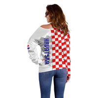 Croatia Off Shoulder Sweater Chessboard Mix Coat Of Arms TS06 - Wonder Print Shop