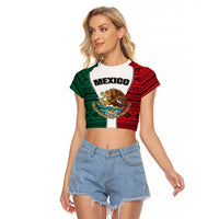 Mexico Raglan Cropped T Shirt Coat Of Arms With Mexican Aztec Pattern TS06 - Wonder Print Shop