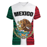 Personlised Mexico Women V Neck T Shirt Coat Of Arms With Mexican Aztec Pattern TS06 - Wonder Print Shop