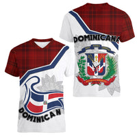 Dominican Republic Women V Neck T Shirt Dominicana Plaid Pattern Mix Coat Of Arms TS06 - Wonder Print Shop