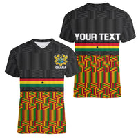 Custom Ghana Women V Neck T Shirt Kente Pattern With Coat Of Arms TS06 - Wonder Print Shop