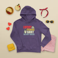 Purple fishing hoodie with "Lucky Fishing Shirt Do Not Wash" front graphic and kangaroo pocket.