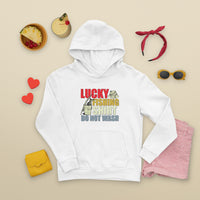 White fishing hoodie with "Lucky Fishing Shirt Do Not Wash" front graphic and kangaroo pocket.