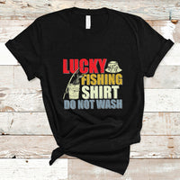 Black crewneck T-shirt with Lucky Fishing Shirt Do Not Wash fish graphic