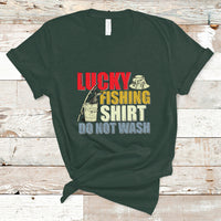 Dark forest green crewneck T-shirt with Lucky Fishing Shirt Do Not Wash fish graphic