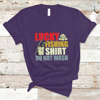 Purple crewneck T-shirt with Lucky Fishing Shirt Do Not Wash fish graphic
