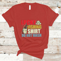 Red crewneck T-shirt with Lucky Fishing Shirt Do Not Wash fish graphic