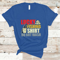Royal blue crewneck T-shirt with Lucky Fishing Shirt Do Not Wash fish graphic