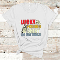 White crewneck T-shirt with Lucky Fishing Shirt Do Not Wash fish graphic