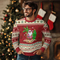Xmas In Hawaii Ugly Christmas Sweater Flamingo Float Xmas Palm Tree Surfboard Cute Santa At Beach - Wonder Print Shop