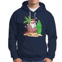 Christmas In Hawaii Hoodie Flamingo Float Xmas Palm Tree Surfboard Cute Santa At Beach - Wonder Print Shop