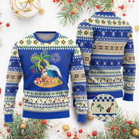 Xmas In Hawaii Ugly Christmas Sweater Palm Tree Firework Santa At Beach Drinking Coconut - Wonder Print Shop