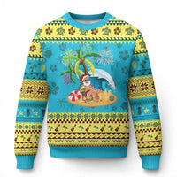 Xmas In Hawaii Ugly Christmas Sweater Palm Tree Firework Santa At Beach Drinking Coconut - Wonder Print Shop