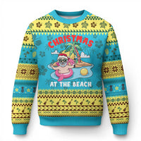Christmas At The Beach Ugly Christmas Sweater Funny Santa Claus Flamingo Float Chilling - Wonder Print Shop