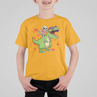 Valentine's Day T Shirt For Kid Skeleton Riding Dinosaur Rose Bouquet - Wonder Print Shop