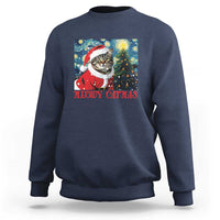 Santa Cat Christmas Sweatshirt Meowy Catmas Starry Night Christmas Tree - Wonder Print Shop