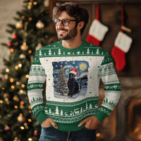Xmas Black Cat Ugly Christmas Sweater Meowy Catmas Starry Night Santa Cat - Wonder Print Shop